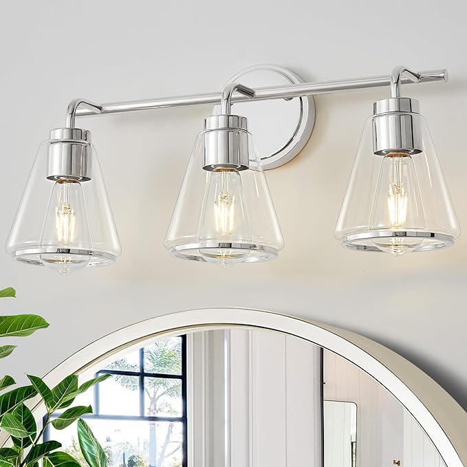 Bathroom Vanity Light - 3 Light Over Mirror Lighting Fixture with Clear Glass Shade, 22 inch Modern Wall Sconce, Polished Nickel