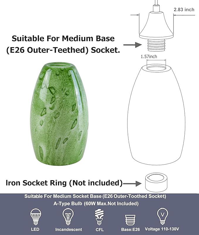 2 Pc Green-plant Oval Pendant Light Shades Only,GO&SO Hand Blown Glass Pendant Lamp Shade,Fitter 1.57 ",Height 7.8 ",Max Diameter 4 ",Stained Glass Pendant Lights Kitchen Island Replacement Lamp Shade