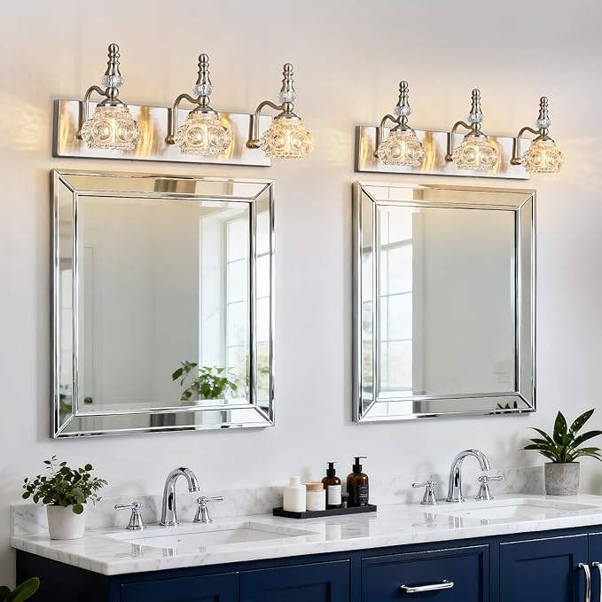Modern Glass Crystal Vanity Light - Vintage Bathroom Lighting Fixtures Over Mirror, 3 Light Vanity Lights G9 Bulb (19.68 Inch, Nickel)