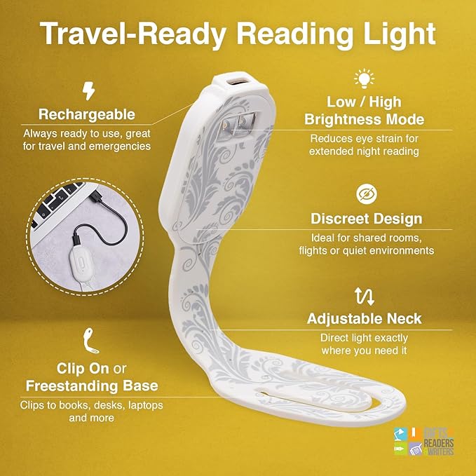 Gifts for Readers & Writers Bookmark Reading Light White Flowers - 2in1 Clip On Bookmark Mini Light for Reading in Bed, Rechargeable Night LED Lights, 20 Lumen