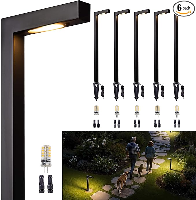 Gardenreet Outdoor Pathway Lights Brass, LED Landscape Path Lights, Low Voltage Driveway Lights Waterproof, L Shape 12V Wired Black for Walkway Sidewalk with 3W 270LM 2700K G4 Bulb 6 Pack