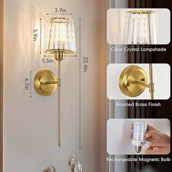 Crystal Battery Operated Wall Sconces Set of 2, Gold RGB Rechargeable Wireless Wall Sconce with Remote for Wall Decor Bedroom Living Room 2 Bulbs Included