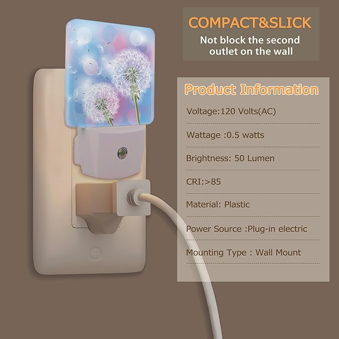 YASHILAIYA Dandelions Flower Night Light,Pink Night Lights Plug into Wall with Dusk to Dawn Light Sensors Nightlights for Bedroom Bathroom Hallway Kitchen Gifts Ideal for Girls Women