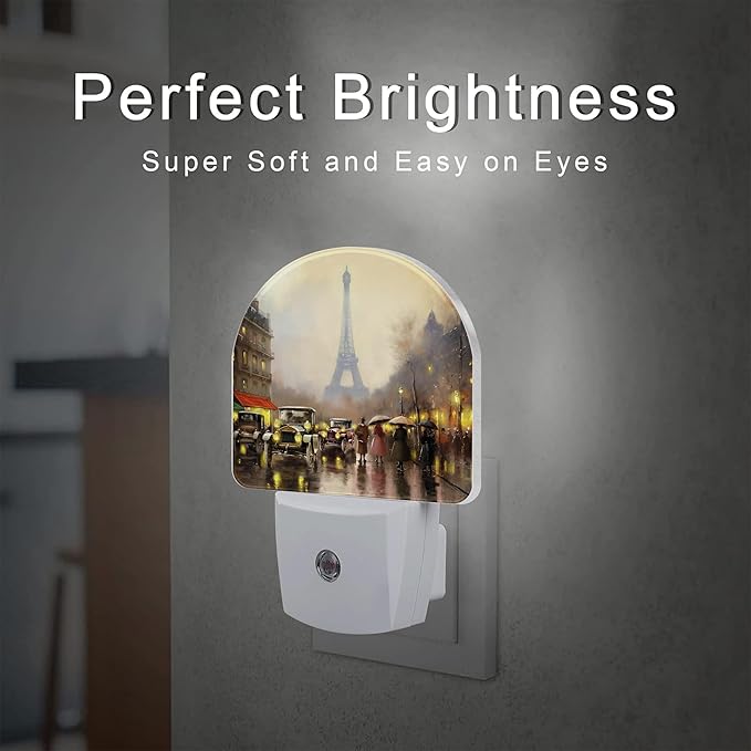Paris Eiffel Tower Oil Painting Night Light for Kids,City Street Night View Night Light Plug in with Dusk to Dawn Sensor,0.5w Energy Saving Nightlight for Hallway Stairway Kitchen Bedroom