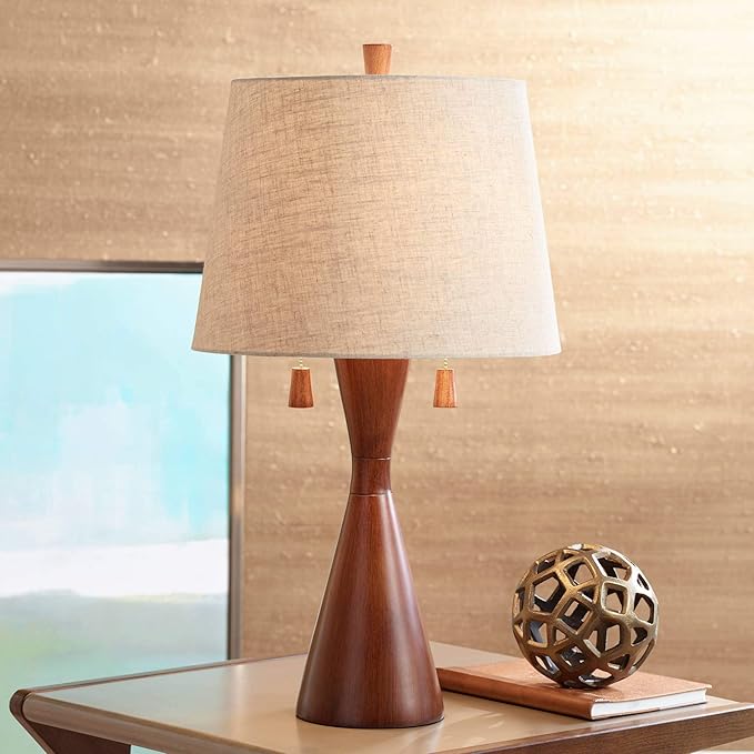 360 Lighting Omar Modern Table Lamp 28 3/4" Tall Warm Brown Wood Hourglass Oatmeal Fabric Tapered Drum Shade for Bedroom Living Room House Home Bedside Nightstand Office Entryway Kids Family
