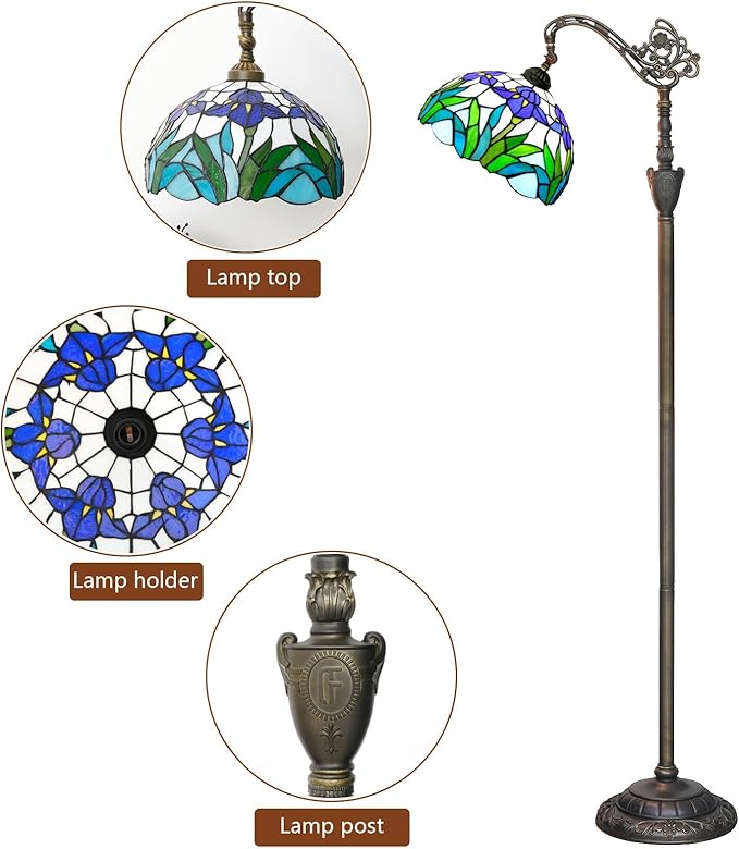 Tiffany Style Iris Floor Lamp Blue Flower Vintage Lamp Stained Glass Art Nouveau Design Adjustable Angle Retro Living Room Bedroom Bedside Sofa Corner Study Reading Lamp Suitable for Dad and Mom LED