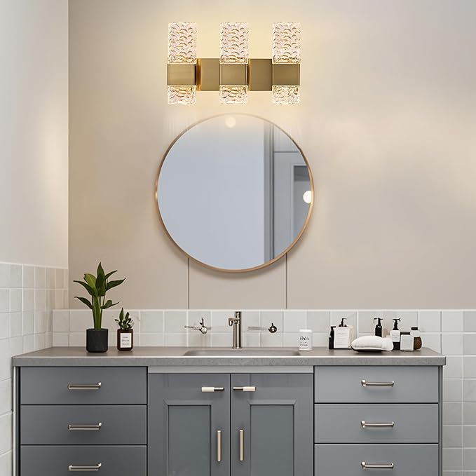 VINLUZ 3 Light LED Bathroom Vanity Light Fixtures Over Mirror,24W Metal Base Brushed Brass Finish Classic Wall Sconces with Crystal Lampshade Wall Mounted Lighting