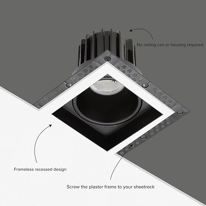 Maxxima 2” Trimless Ultra-Thin Recessed Anti-Glare LED Downlight Canless IC Rated 600 Lumens 5 Color Temperature Selectable 2700K/3000K/3500K/4000K/5000K Dimmable 5 CCT Black Square Slim J-Box Incl