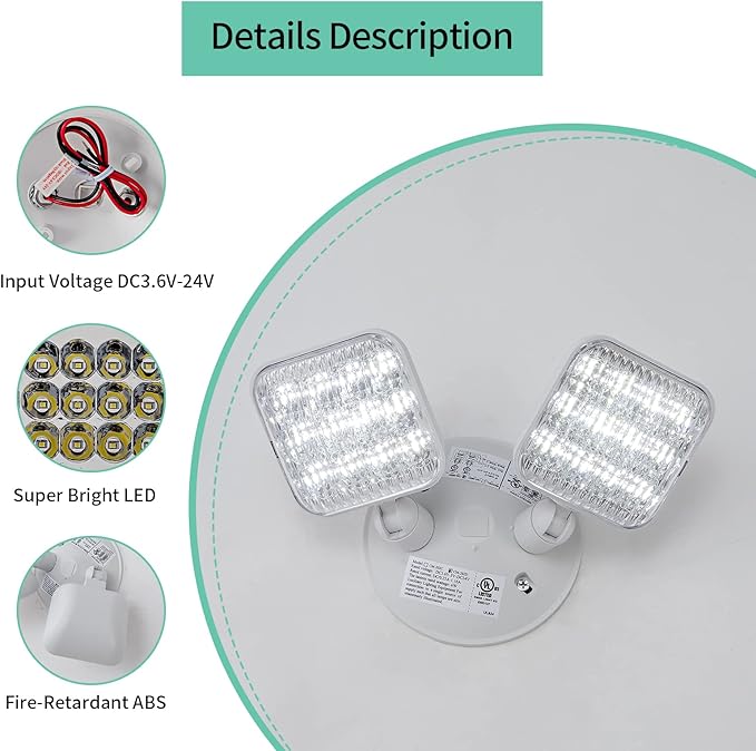CM MZY Emergency Remote Head Lighting, Double Head Emergency Light, UL Listed, Multi Voltage 3.6 to 24 Volt Input, 2 by 3 Watts, 2 by 180 Lumen, Square，1 Pack