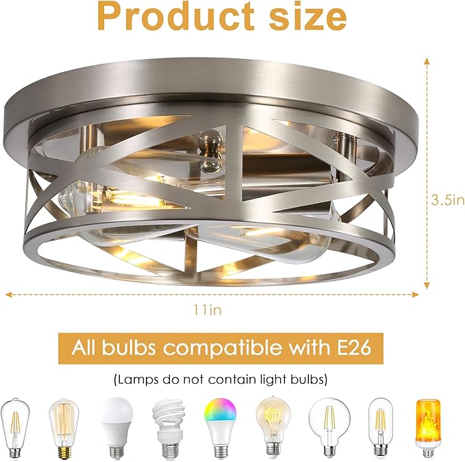 Brushed Nickle Flush Mount Ceiling Light Fixture, 2-Pack Metal Cage Close to Ceiling Lights, Modern 11 Inch E26 Base Indoor Kitchen Ceiling Lights for House Hallway Bedroom