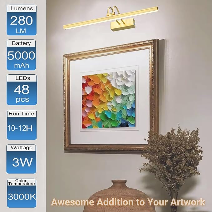 FUNCHDAY Picture Light Wireless, Rechargeable Gallery Light Battery Operated, 280LM Dimmable Art Lighting with Remote, 16" Metal Picture Lights for Wall, Paintings, Portrait, Photo (Brass)