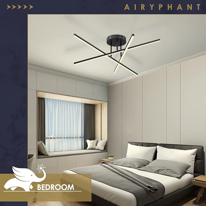 Modern LED Chandelier 18W Dimmable Black Semi Flush Mount Ceiling Light Fixture for Kitchen Dining Room Foyer Entry, 23.82"
