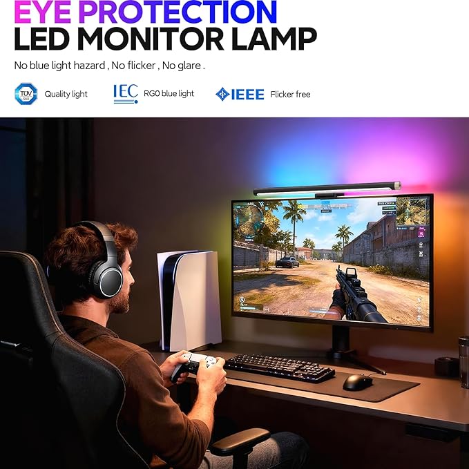 LYMAX Monitor Light Bar with RGB Backlight, Computer Light Bar for Eye Caring and USB Powered LED Desk Lamp 17.7 inch with Dimming Memory for Desktop, Space Saving for Gaming Home & Office