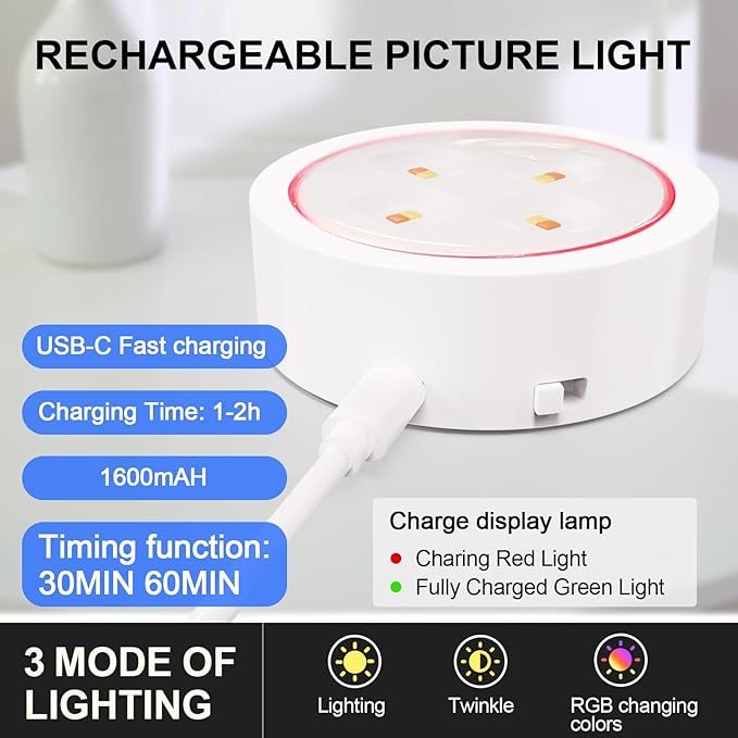 3 Pack Picture Lights for Wall, 13 RGB Color Rechargeable Battery Operated wall lights, Picture Frame lights with 3 Lighting Modes, Wireless Magnetic Painting Light with Remote Control Timer, (White)