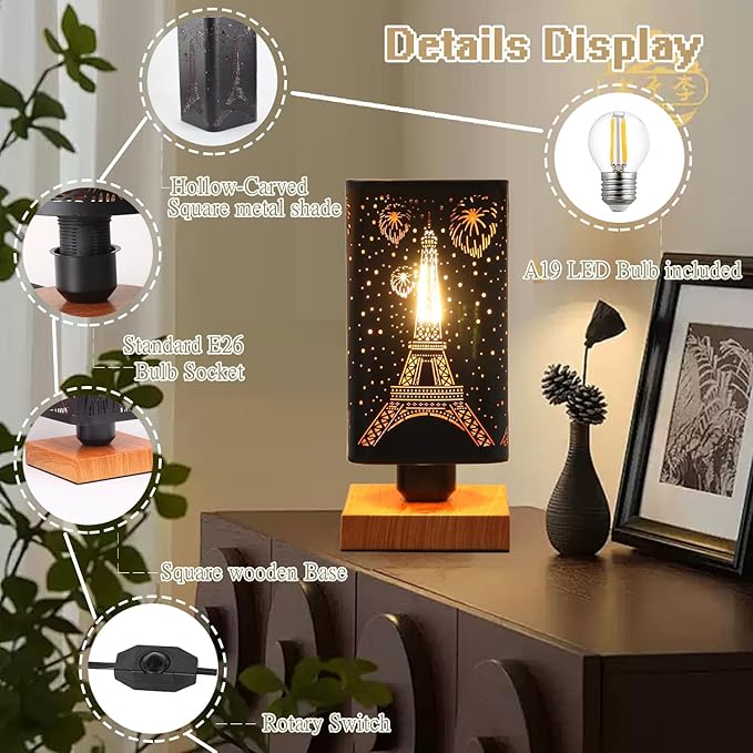 Rustic Table Lamp set of 2 with Dimmer, Small Black Industry Metal bedside Lamp fully Dimmable , Night Light for Kids, Bedroom Nightstands Lamp, Lamp for Living Room End Tables side Decoration