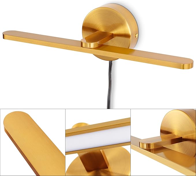 MantoLite Plug in LED Wall Lamps, 16inch Vanity Lighting Fixtures for Wall, Modern Bathroom Lighting Fixtures Over Mirror, Wall Picture Lighting Sconces for Bedroom, 12W 3000K Brass Indoor Wall Lamps