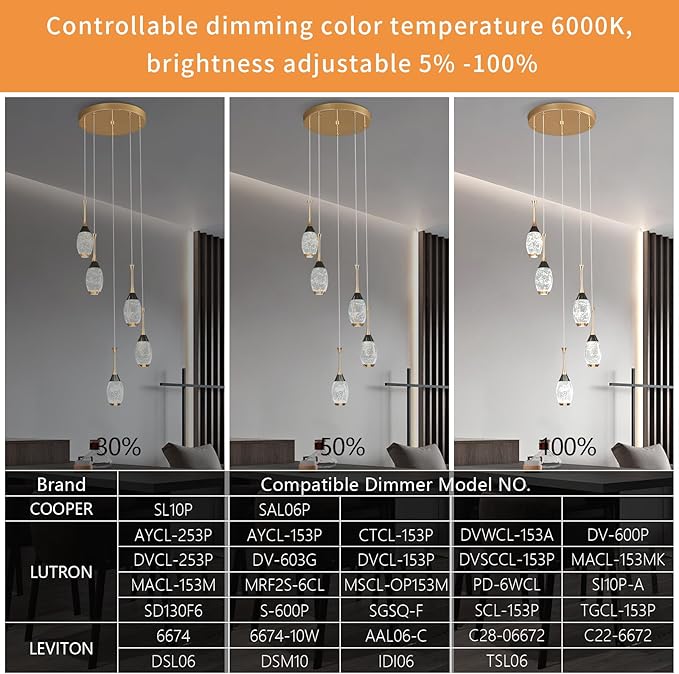 Modern Black Gold Pendant Light Dimmable LED Ceiling Light Fixtures Mini Teardrop Crystal Pendant Lighting for Kitchen Island Bedroom Hallway Entryway (5 Light，Champagne Gold)