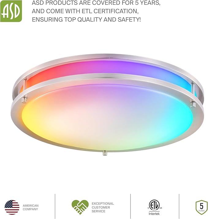 ASD LED 18" Round Flush Mount Lighting, Close to Ceiling Light Fixture | Smart, Multicolor, Dimmable, ETL Listed | 28W 1850LM RGB-2700-6500K 120V | Low Profile Double Ring Lamp | Nickel