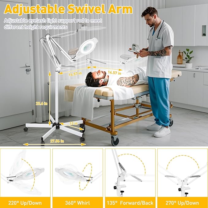 10X Magnifying Glass with Light and Stand, 2200 Lumens Dimmable Magnifying Floor Lamp, 2-in-1 Lighted Magnifier with 5 Wheels Rolling Base, Mag Lamp for Estheticians, Crafts, Reading, Facial