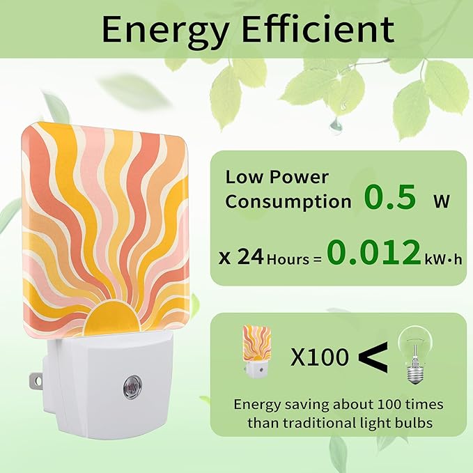 Groovy Boho Sun Night Light, Night Light Plug into Wall with Dusk to Dawn Sensor, LED Lamp Energy Saving Lights for Men Women Boys Girls,Lamp for Bedroom Bathroom Hallway