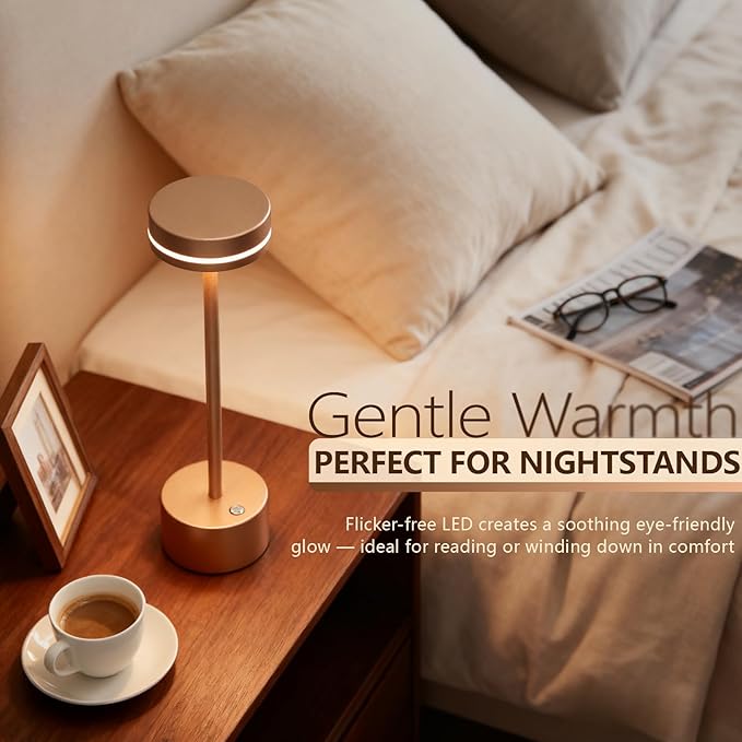 Cordless Table Lamp Rechargeable, Touch Desk Lamp - 5000mAh Battery, 3 Color Dimmable Led Light, Small Portable Aluminum Light for Outdoor/Patio/Dining/Tabletop/Bar/Office, Home Decor