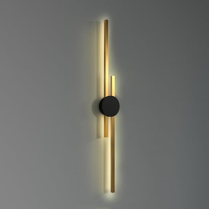 Ozarke Elles Minimalist LED Light Sconce, Modern Linear Wall Lamp, Black, Gold, Warm White, Cold White, UL Listed (Warm 3000k - Dimmable, 48 inches Black Circle - Gold Bars)