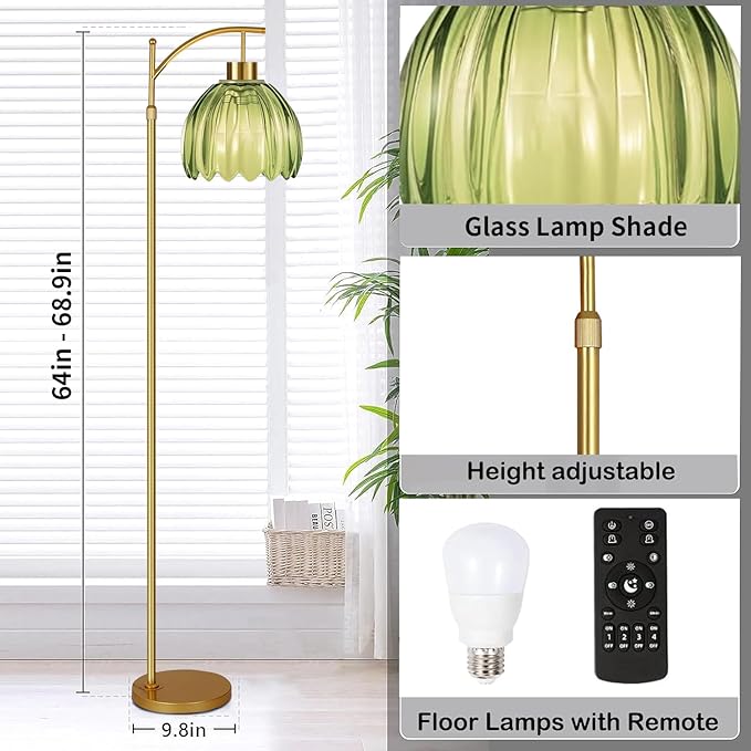 Green Floor Lamp for Living Room,Bedroom,Gold Dimmable Standing Lamp with Remote,Mid Century Modern Brass Tall Lamp Boho Floor Lamps Arc Stained Glass Flower Light Bohemian