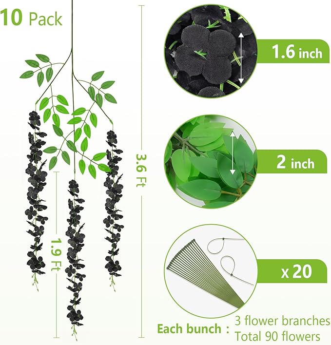 BLEUM CADE 10Pcs Black Fake Wisteria Hanging Flowers, 3.6Ft/Pcs Artificial Wisteria Garland, Hanging Flowers for Wedding Party Home Backdrop Wall Decoration