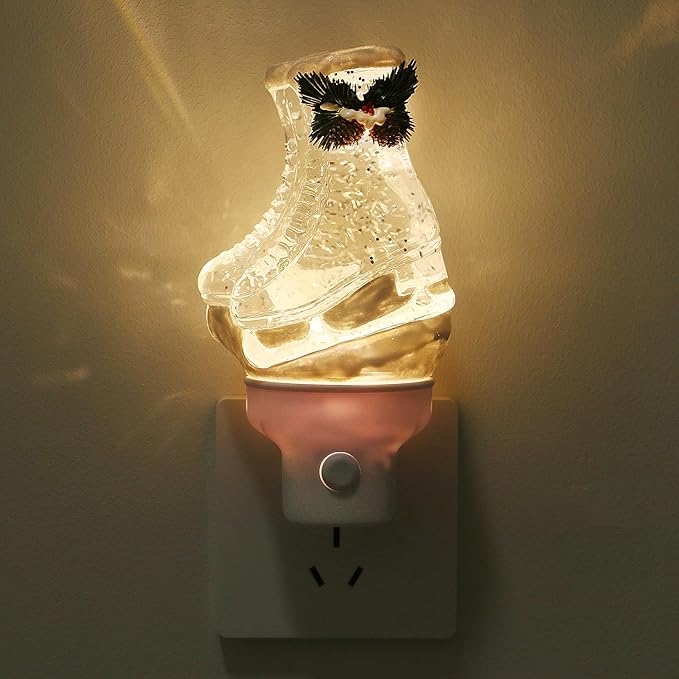 Christmas Night Light Plug into Wall Glitter Water Nightlight with USB/Outlet Options, Christmas Ski Boots Decorative Nightlight for Bedroom Kitchen Nursery Holiday Decorations Gifts (Ski Boots)