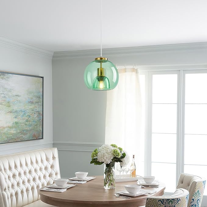 Light Green Glass Pendant Lights Kitchen Island Gold Hanging Light Fixture Glass Globe Pendant Light Modern Pendant Lighting for Kitchen Island Bedroom Dining Room (7.87", 2 Pack)