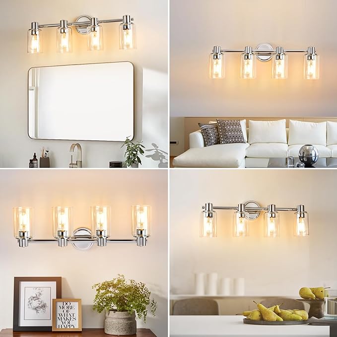 4 Light Bathroom Wall Light Fixtures Chrome Bathroom Wall Sconce with Clear Glass Lights Over Mirror Vanity Lights E26 Base