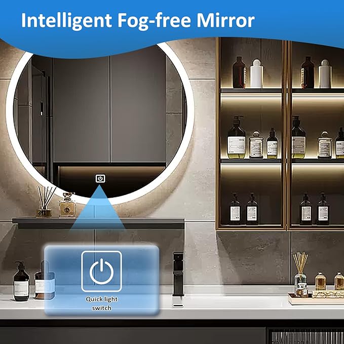 Floating Bathroom Vanity with Sink - LED Smart Defog Mirror | Ceramic Basin, Side Cabinets with Ambient Lighting, Modern Wood Bathroom Cabinet (28'')