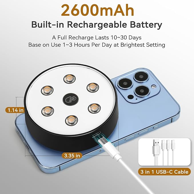 Groupable & Linkable LED Puck Lights Pro, 2.4G Remote Control, Rechargeable Under Cabinet Lighting, Tap & Touch Activated, 3 CCT & RGB Color Changing, Auto-Off Timer, 6 Pack - Black