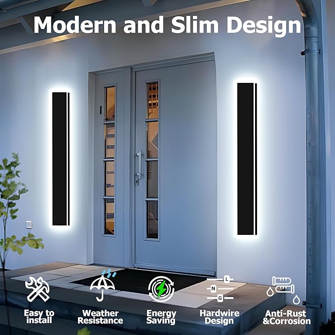 2pcs 59in Exterior Wall Lights,4.33in Wide Dimmable Modern Outdoor Wall Lights for Garage and Front Door,Linear Outdoor Wall Sconce IP65 Waterproof,Black LED Outdoor Long Light Fixture