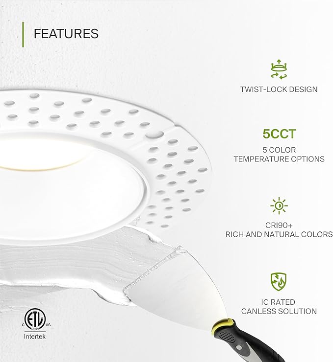 ASD Trimless 3 Inch LED Recessed Light, 15W 120V Triac Round Commercial Downlight, Canless Dimmable Lights for Ceiling with J-Box, 5 CCT 2700K-5000K, CRI 90+, IC Rated, ETL, White