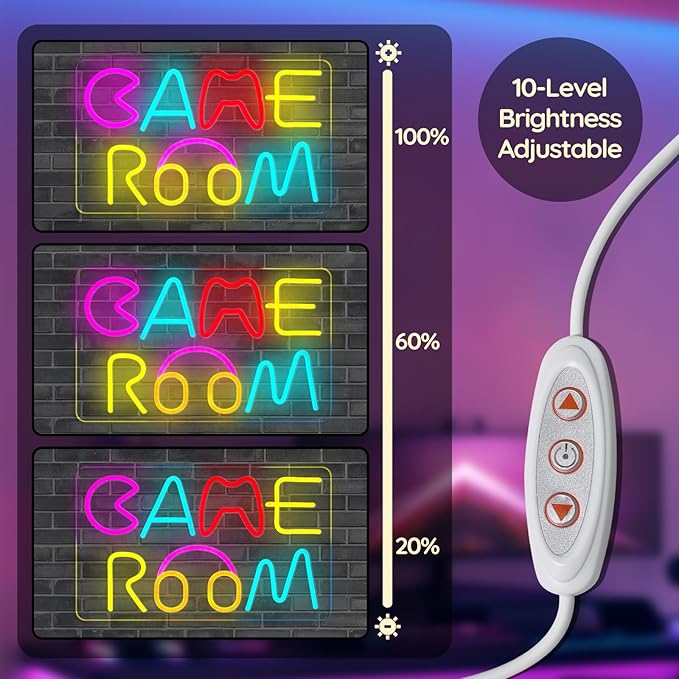 Game Room Neon Sign Colorful Wall Decor, Arcade Light Up Sign for Boy Teen Gamer Room, Dimmable Gaming Room Led for Bedroom, Playstation, Kids Birthday Gifts, USB Plug Powered