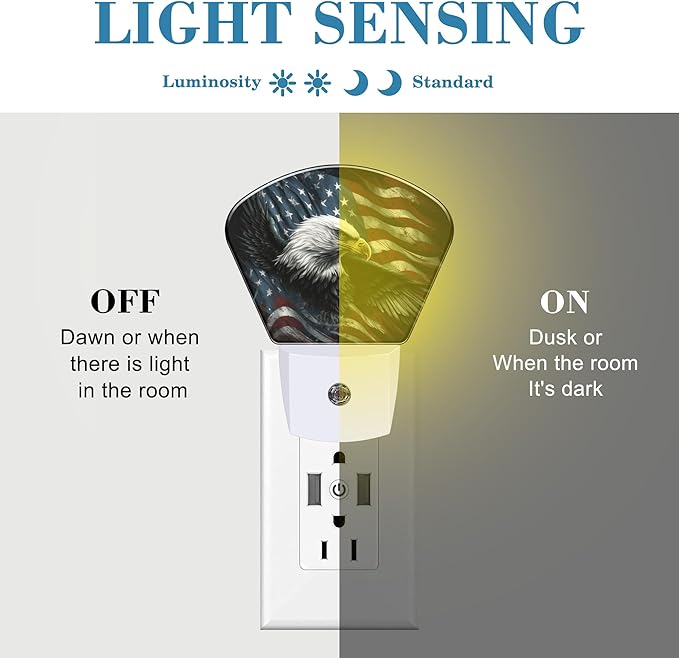 American Flag and Bald Eagle Night Light, USA Flag Nightlight Plug into Wall with Dusk to Dawn Sensor for Kid Girls Boys Women Men Bedroom, Hallway, Kitchen, Bathroom, Stairs Decor