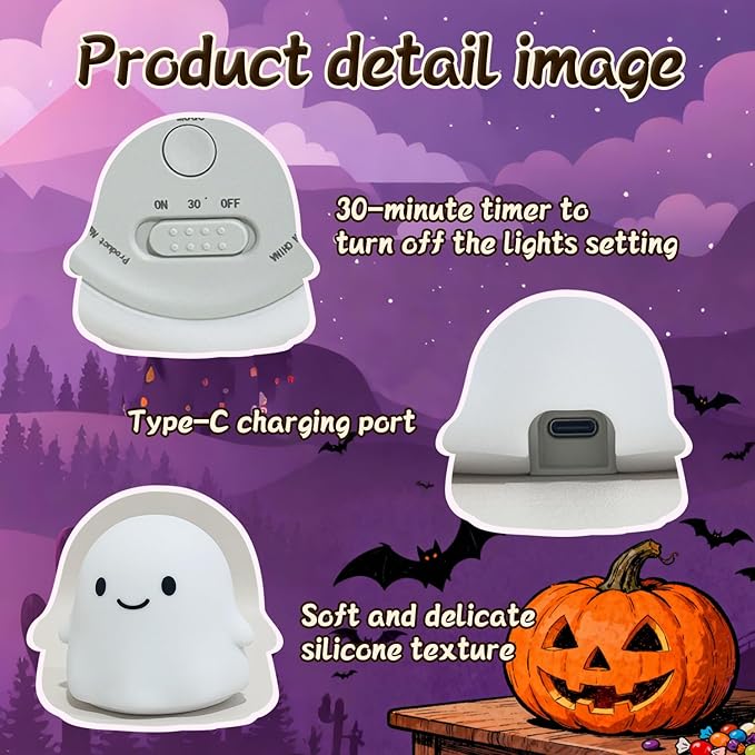 Ghost Night Light Color Changing, Cute Cloud Decor with Colors & 50Hrs, Tap Control Light Up Ghost for Kids, Rechargeable Halloween Gifts, [Valentines Gifts]