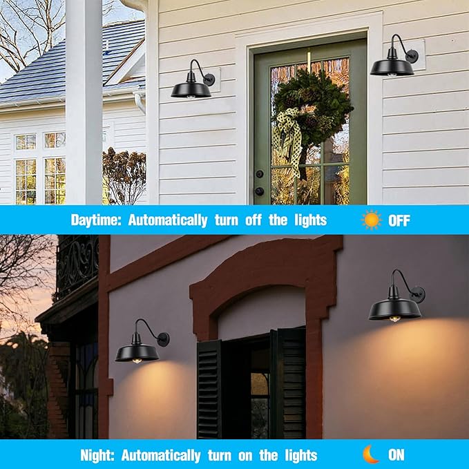 Outdoor Gooseneck Barn Light - Exterior Fixture Sconce Wall Light for Farmhouse, Dusk to Dawn Sensor Front Door Porch Garage Patio Lighting (12.6 inch（2 PCS）)