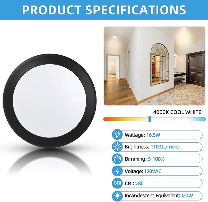 ECOELER 5/6 Inch Black LED Disk Lights, Dimmable Flush Mount Ceiling Disc Light, 16.5W, 1100Lm, 4000K Cool White, Low Profile Surface Mount Downlight for Hallway, Office, Closet, ETL Listed, 6 Pack