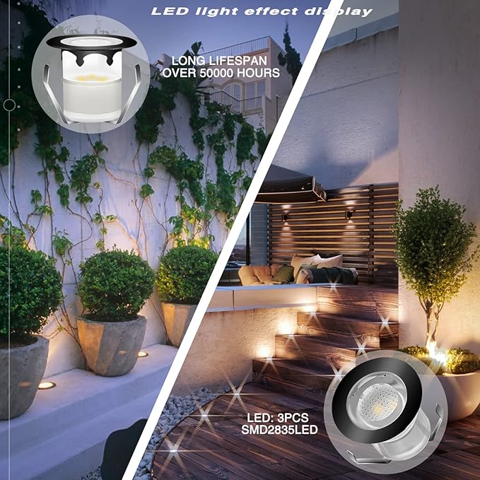 Low Voltage LED Deck Light Kit Stainless Steel Waterproof Recessed Wood Decking Stairs Garden Yard Patio Decor Lamp Outdoor LED Lighting Black Border(Warm White, 10pcs)