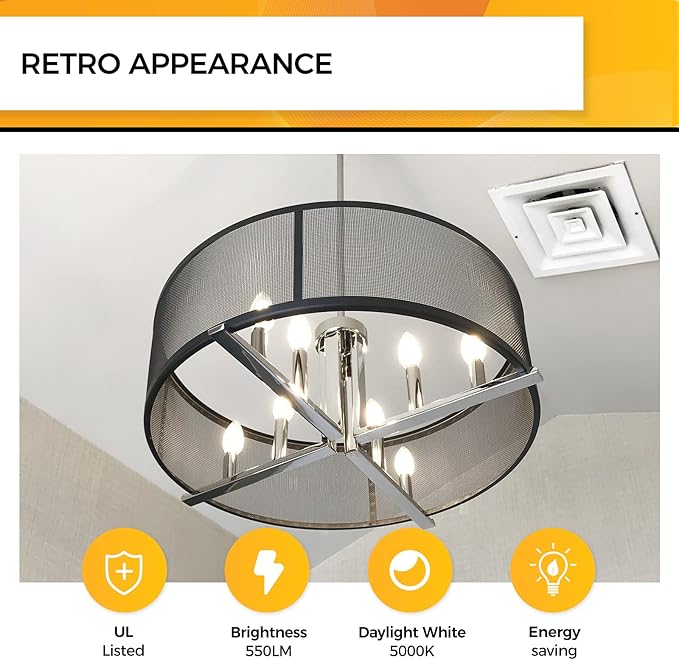 Hizashi Chandelier Light Bulbs 60 Watt 5000K Daylight, E12 Candelabra LED Light Bulb Dimmable, B11 Type B LED Candelabra Bulbs, 90+CRI, 6W, 550LM, Candle Light Bulbs, UL Listed, 12 Pack