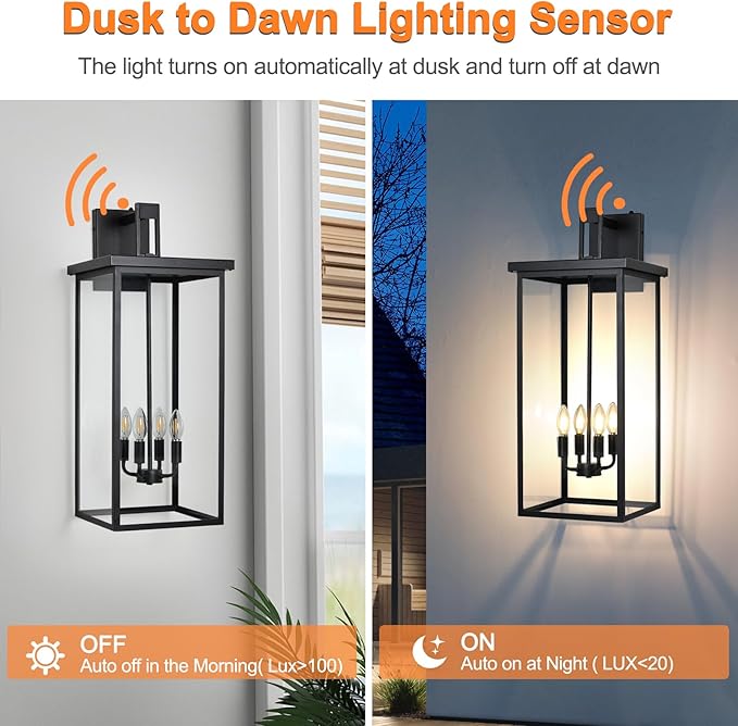 tewei 26in Large Size Dusk to Dawn Outdoor Wall Lights, Matte Black Exterior Lighting Fixtures, Modern Outdoor Porch Lights for House with Clear Shade, Outdoor Wall Sconce Light for Garage(1 Pack)