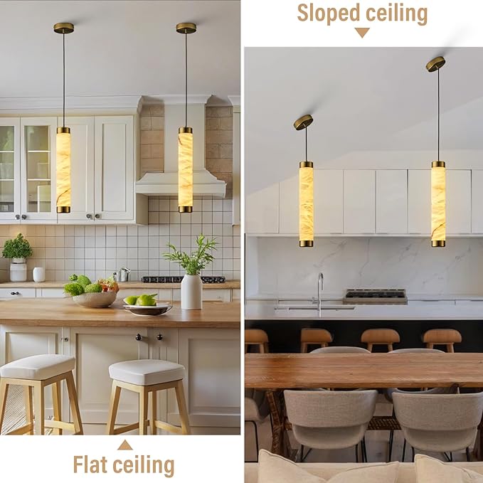 20" Alabaster Pendant Lights, Natural Marble Cylinder Brass Pendant Light, Adjustable Modern Ceiling Light Fixtures for Kitchen Island, Dining Room, Bedroom, Living Room, Bathroom