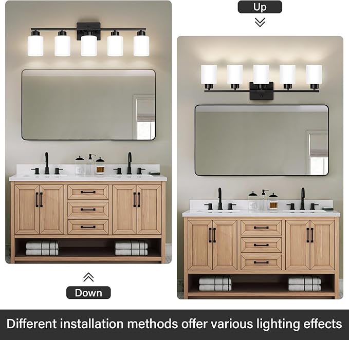 Black Bathroom Light Fixtures, 5-Light Modern Vanity Light Over Mirror, Wall Sconces with Milky White Frosted Glass Shades, E26 Socket (Bulbs Not Included)