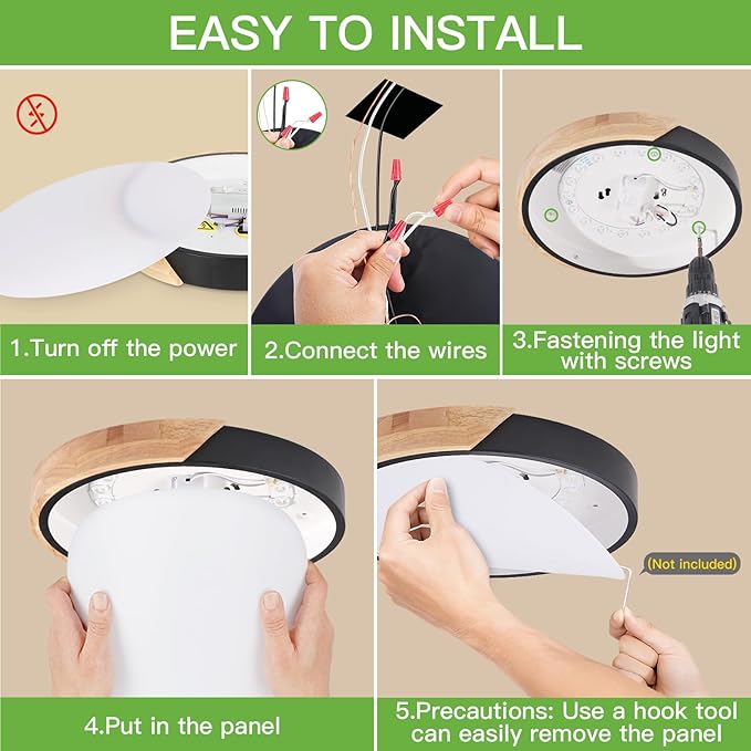 Modern LED Ceiling Light for Bedroom: Minimalist Wood Flush Mount Ceiling Light Fixture with Acrylic Lampshade - 3000K Not Dimmable Overhead Ceiling Lamps for kitchen hallway living room (11.8" Black)