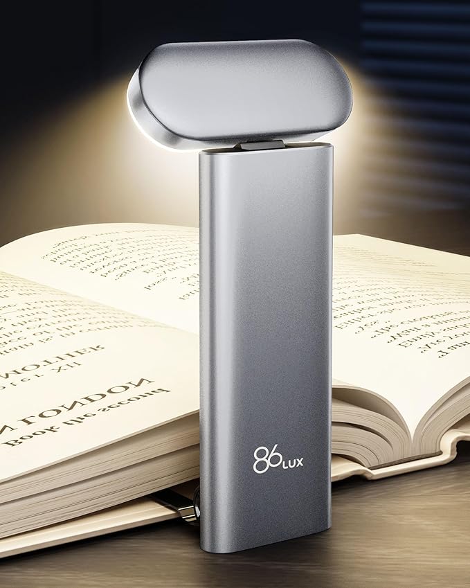 86lux Book Light, Reading Light for Book in Bed, USB Rechargeable LED Night Light with 3 Colors & Limitless Dimming,Bookmark Light for Book Lovers,Silver White