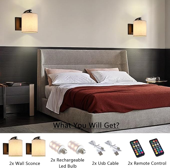 Battery Operated Wall Sconce Set of 2, Black Cordless Rechargeable Wall Sconces with Dimmable LED Bulb, 13 Colors Wall Lights for Bedroom Living Room Hallway