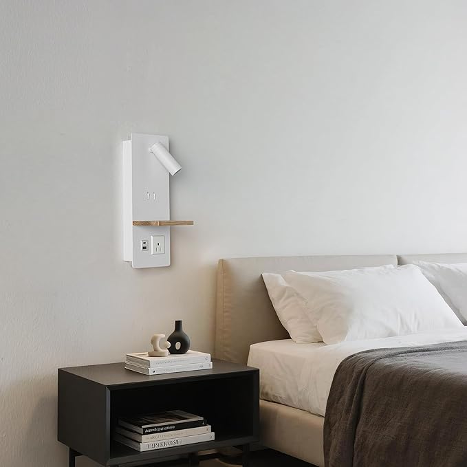 Swing LED Wall Sconce Plug in Cord for Bedroom, Modern 3-Light Wall Light Fixture with Shelf, Charging Port and Scoket for Living Room Reading Bedside, Modern Night Light Wall Decor, White