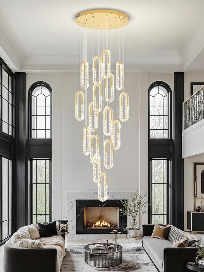 H138 High Ceiling Crystal Chandelier, Modern Oval Ring LED Chandeliers for Entryway Great Room Gold